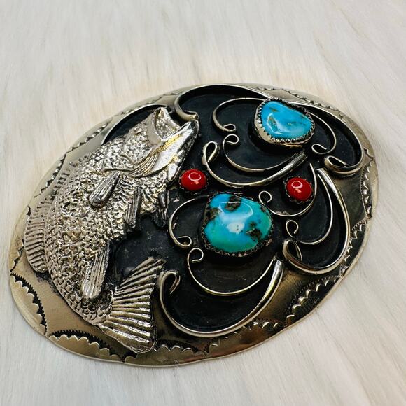 Vintage 1970’s Silver and Turquoise Belt Buckle with Fish - Picture 1 of 8